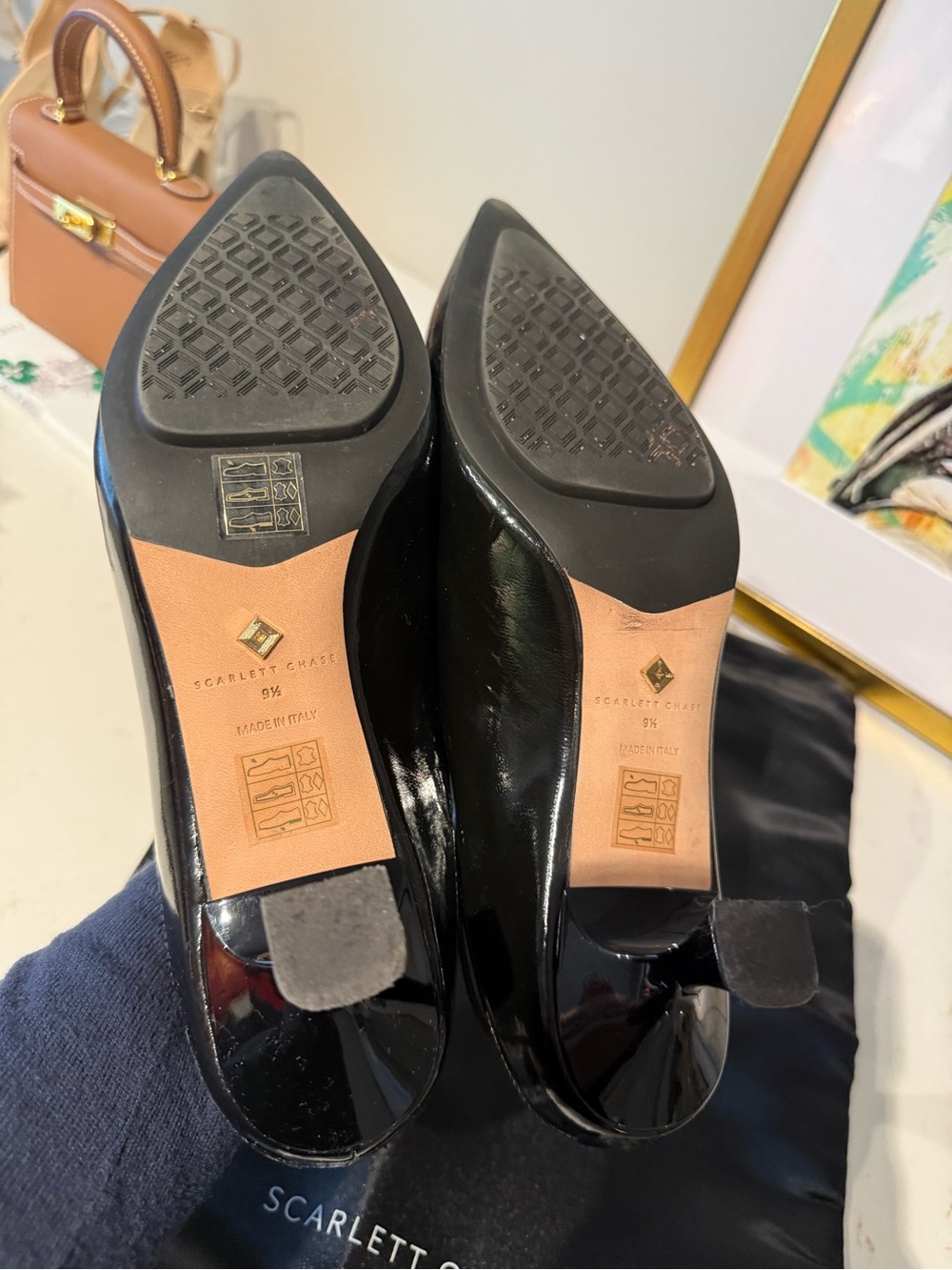 Scarlett Chase Black Patent Slingback Pointed Toe Pumps w/ Tortoiseshell Buckle - Picture 3 of 4